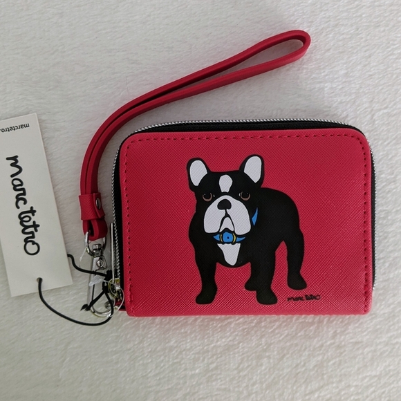 marc tetro Frenchie Print Wallet Wristlet Zip Around PVC Saffiano Red NWT - Picture 1 of 13